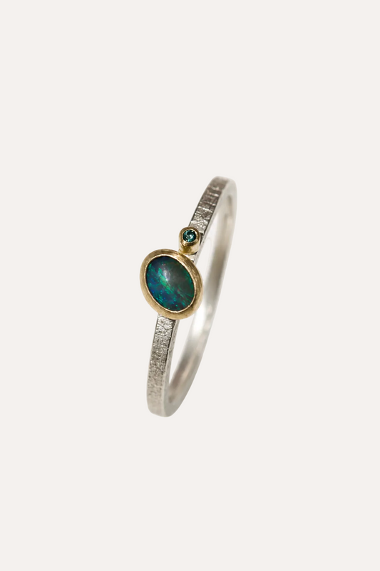 Mini Green-Blue Opal Asymmetric & Green Diamond Ring