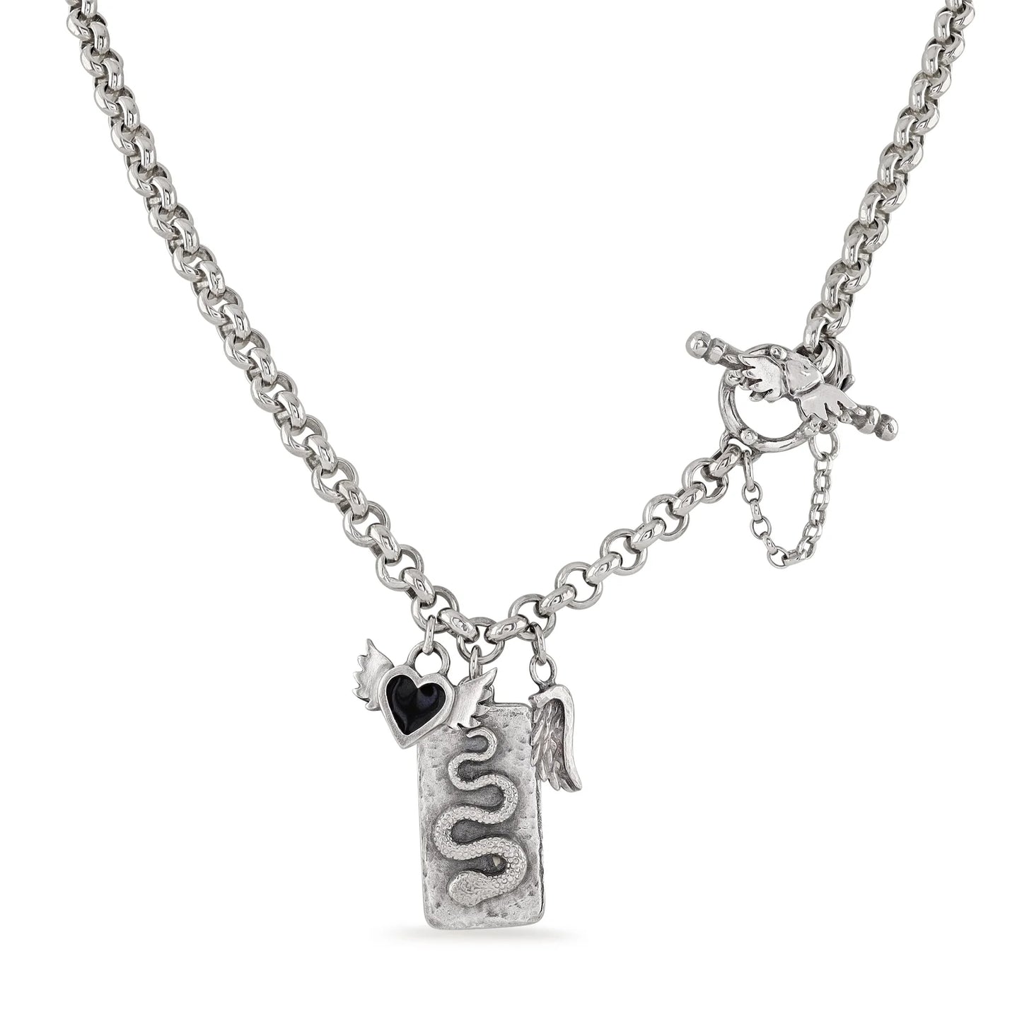 silver medusa necklace with black heart