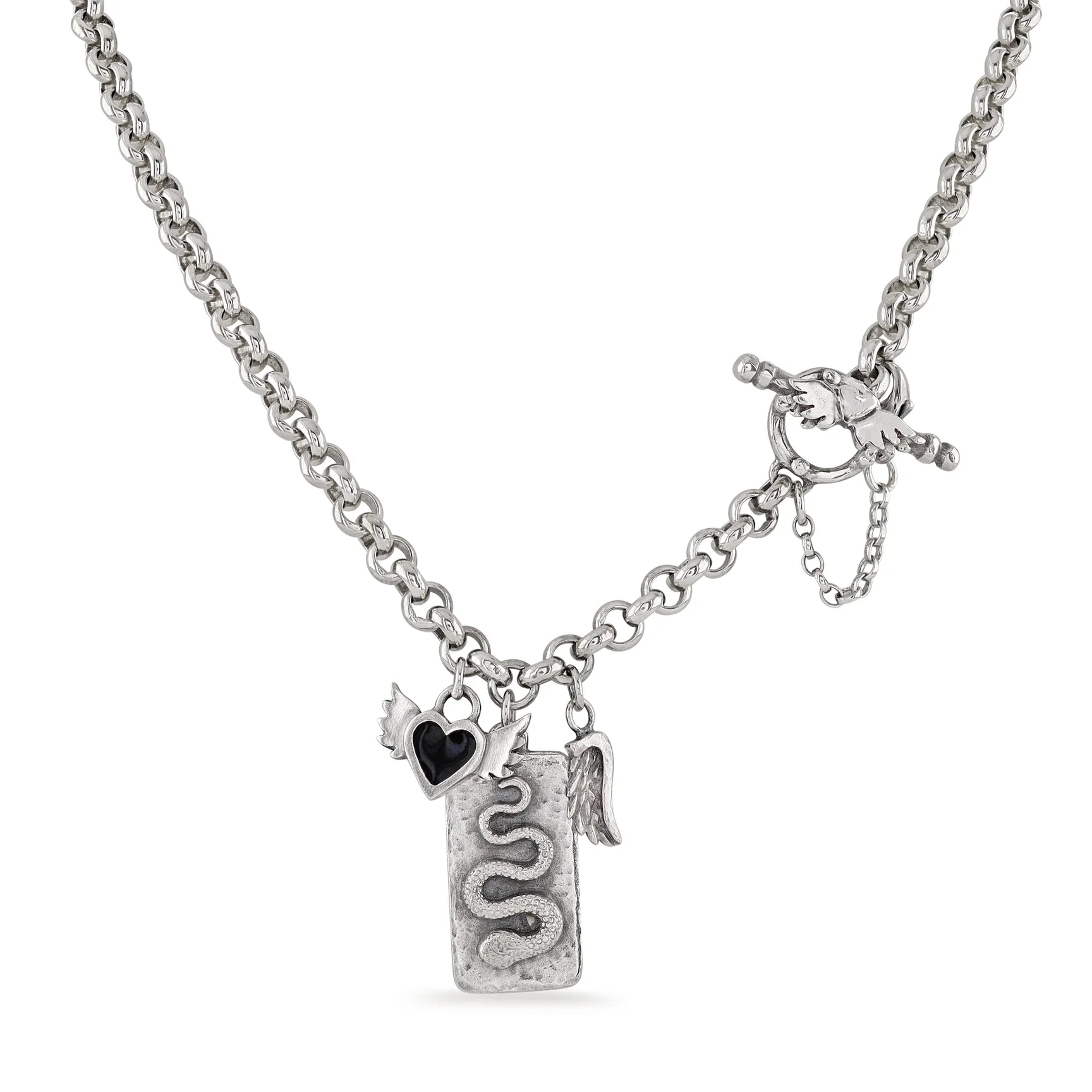 silver medusa necklace with black heart