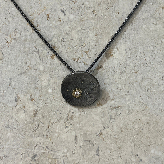oxidised silver and diamond circle pendant