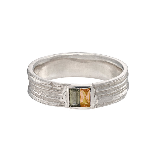 silver and sapphire ring, orange and green