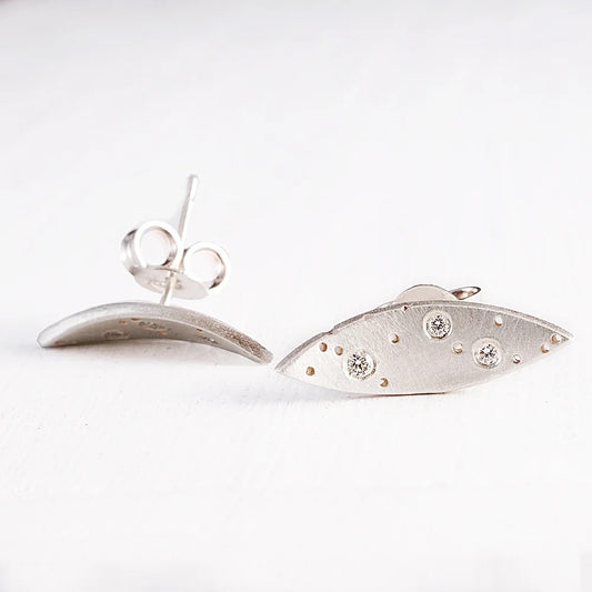 Silver and Diamond Leaf Studs