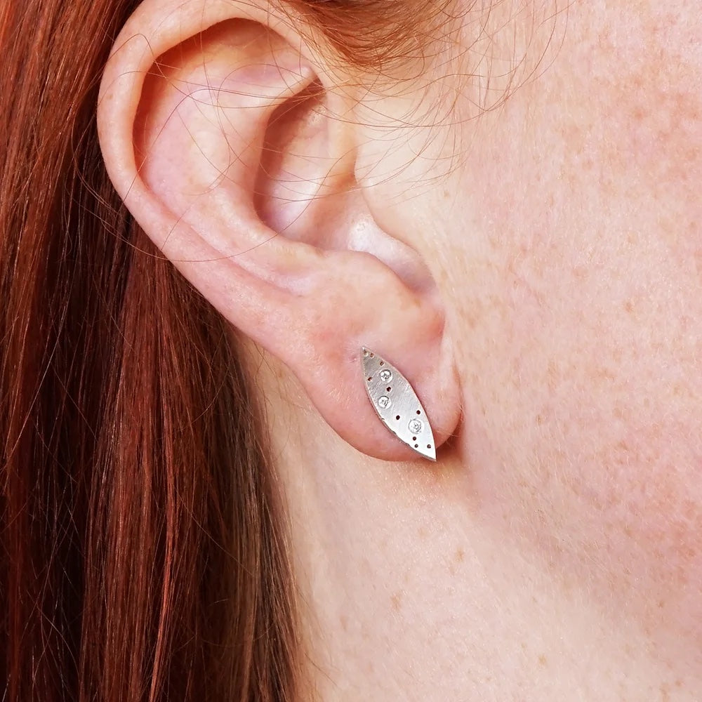 Silver and Diamond Leaf Studs