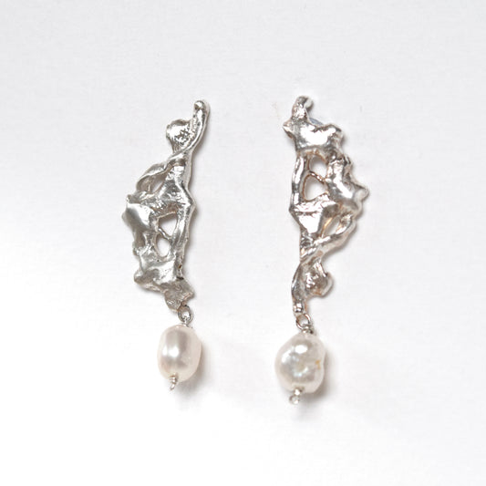 Molten Silver and Pearl Earrings