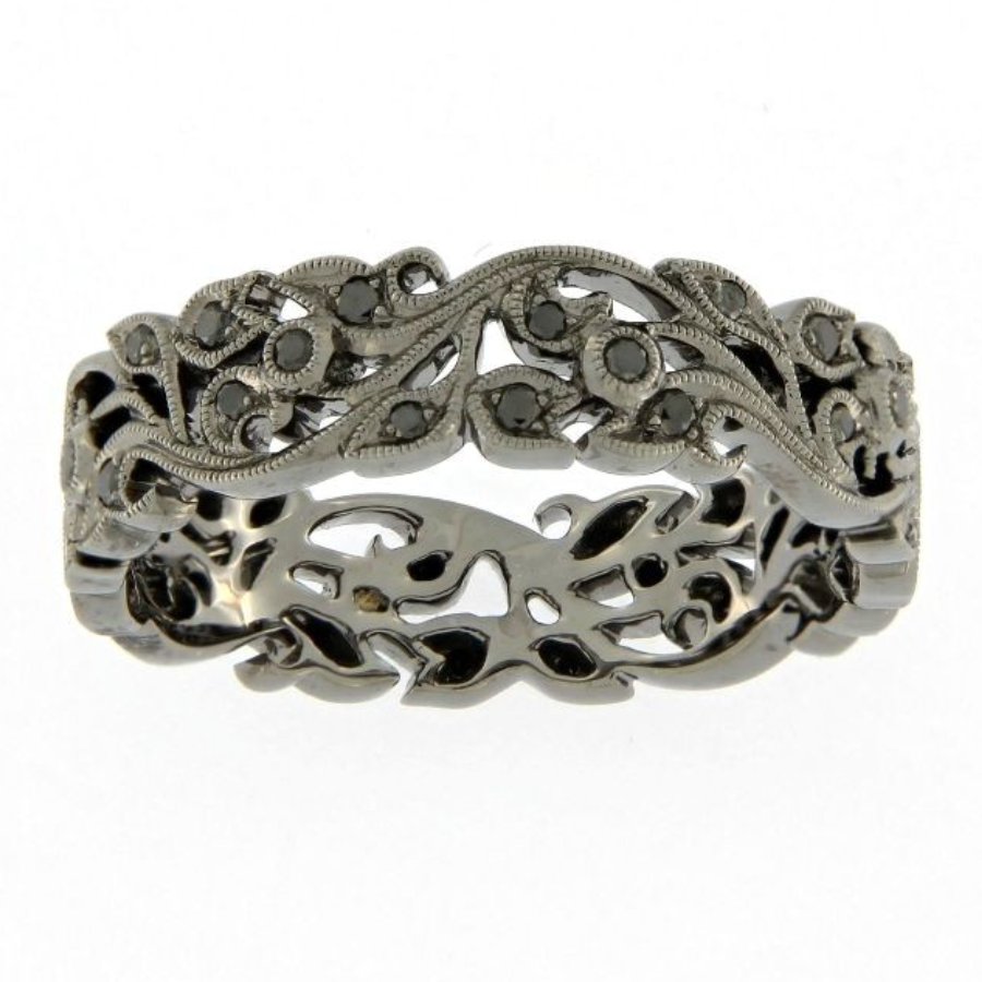 18ct White Gold Floral Band with Black Rhodium Plating & Black Diamonds